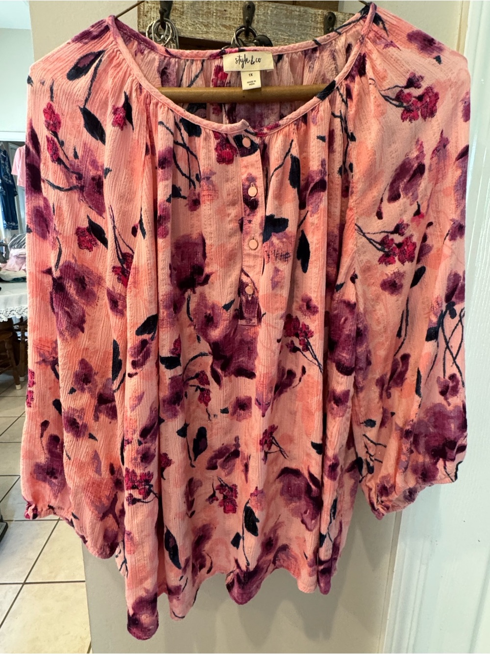 Style & Co 1X Pink Floral Watercolor Peasant Blouse 3/4 Sleeve Plus Size